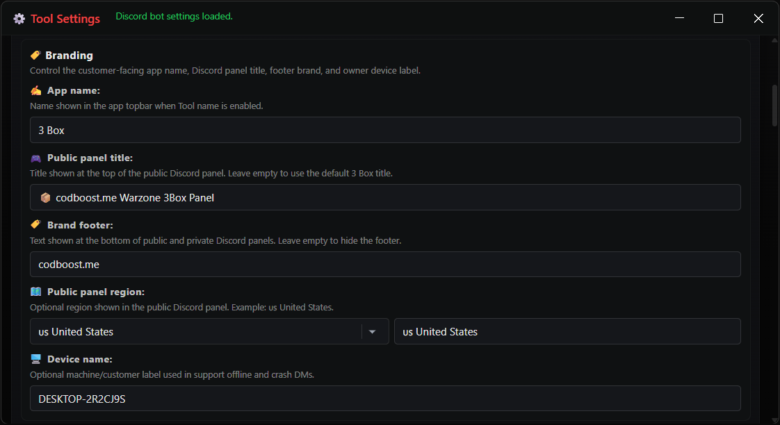 3 Box Tool branding settings panel
