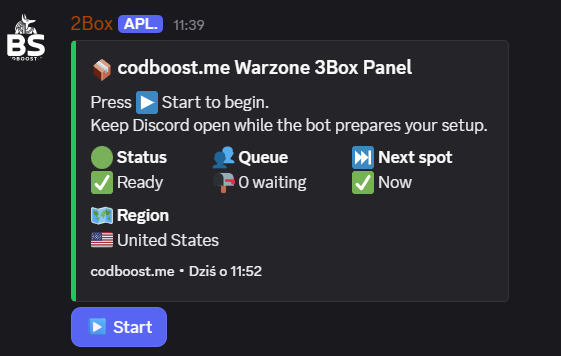Discord server bot panel with branded 3 Box start button